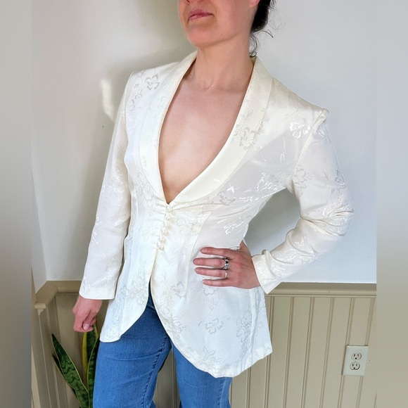 Vintage Ivory Brocade Blazer M/L Coquette Bridal Cottagecore Puff Sleeve ILGWU - Picture 1 of 16
